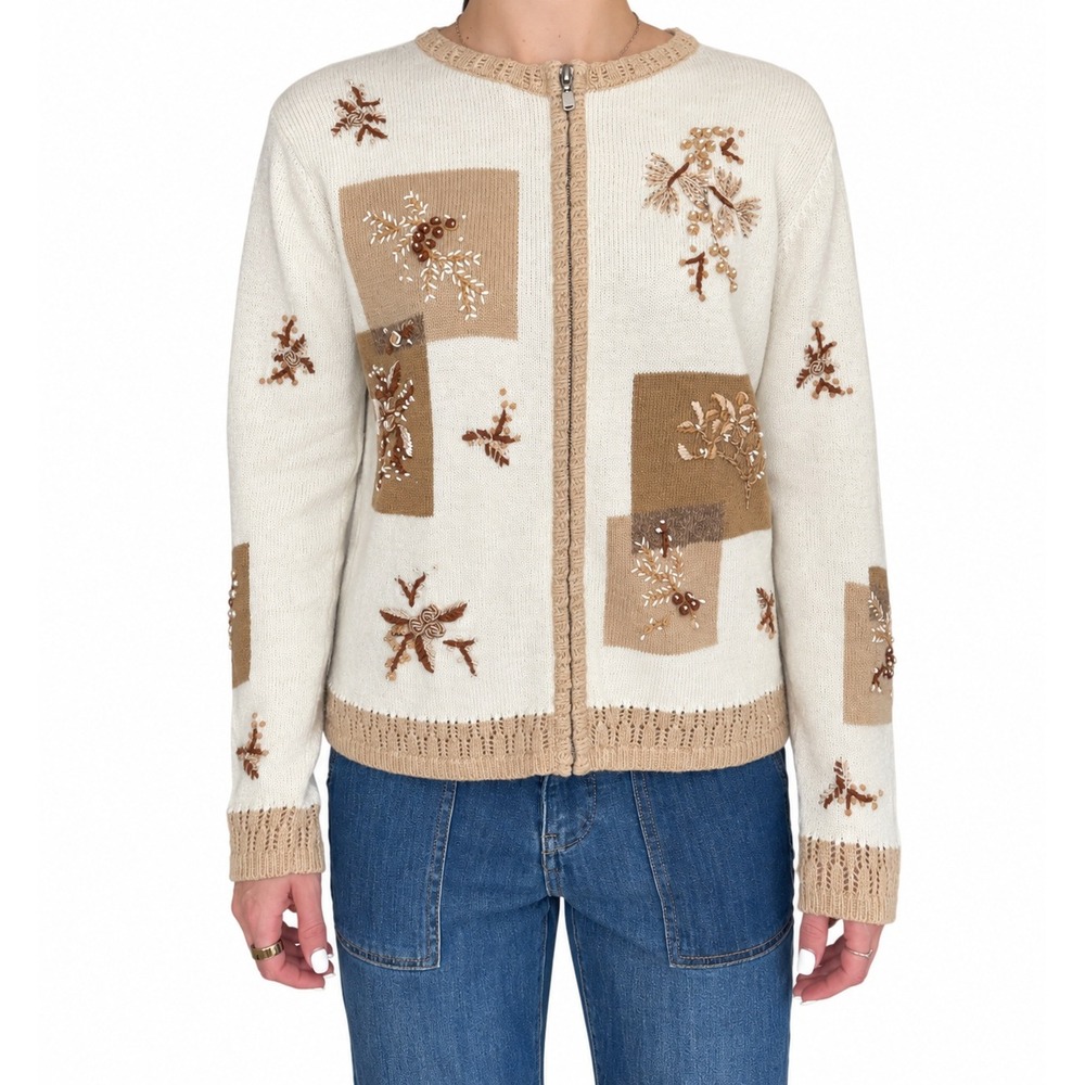 Wool NorthCrest Cream Floral Embroidered Beaded Zip Up Cardigan Sweater